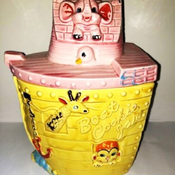 Vintage 1950s ‘Boat Cookie Jar’ Yellow Pink Animal Noahs Arc Retro Ceram… - Picture 1 of 11